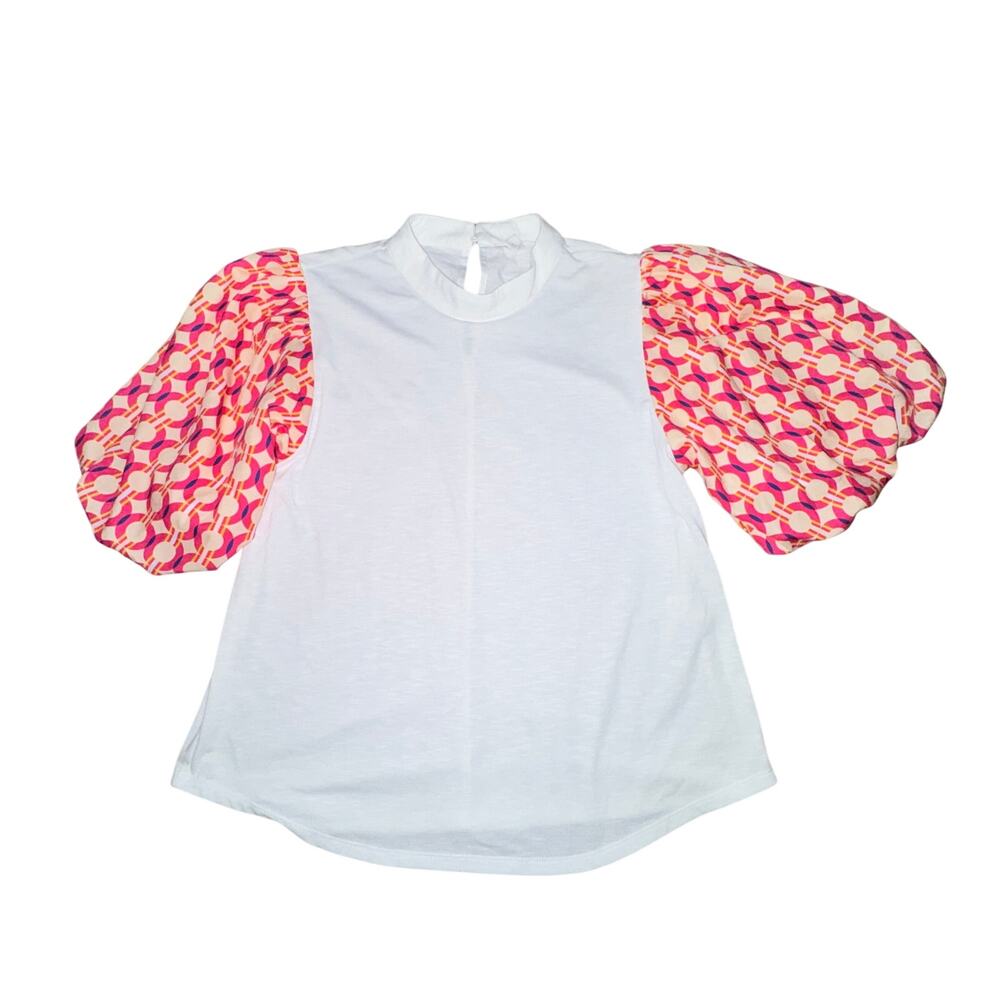 THML Ruffle Sleeve Shirt Women's Size M White Multicolor Sleeve Keyhole Back